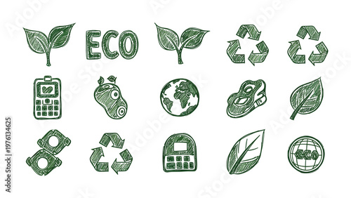 Konstfotografi Eco-Friendly Icons: A collection of hand-drawn eco-friendly icons representing sustainability, nature, and recycling, designed to inspire environmental awareness and promote a greener lifestyle