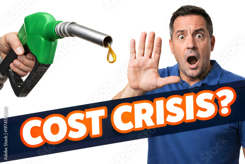 A shocked man reacts to a rising fuel cost crisis with a gas pump nozzle