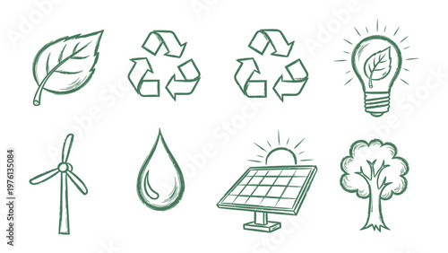 Sustainable Symbols: A collection of hand-drawn icons representing the core elements of environmental conservation and renewable energy.