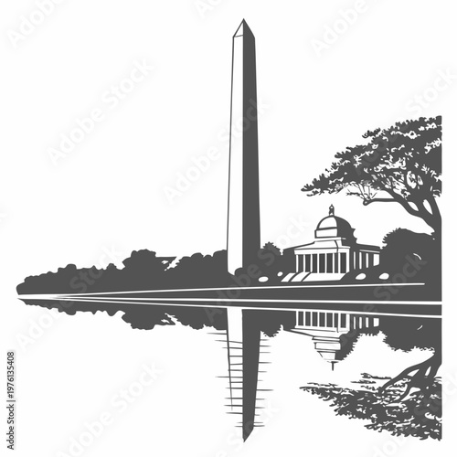 Gray monochrome silhouette of washington monument and jefferson memorial with large tree and water reflection on white background for travel media.