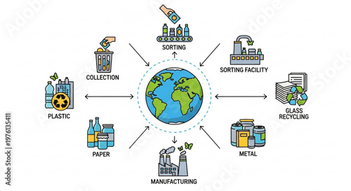Recycling process infographic with earth globe and waste management cycle