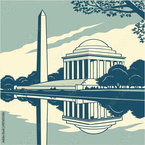 Vintage style flat illustration of jefferson memorial and washington monument reflecting in water with cherry blossom tree branch at dusk setting.