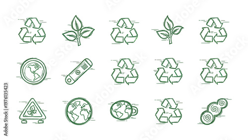 Eco-Friendly Icons: A collection of meticulously designed icons representing environmental conservation, sustainable practices, and the importance of recycling.