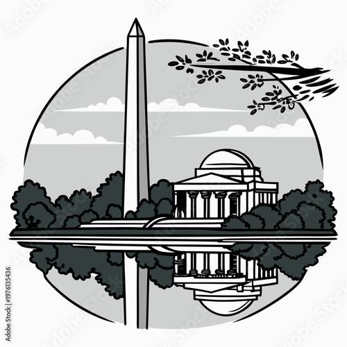Minimalist washington monument and jefferson memorial illustration with reflection in water circular frame design for tourism and travel concepts.