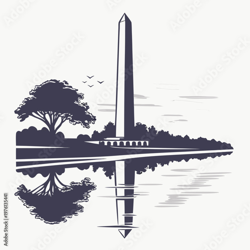 Washington monument obelisk silhouette, tree, bridge, reflecting in water, birds flying, landscape, american landmark, dark blue vector illustration, simple design, iconic symbol, white background.