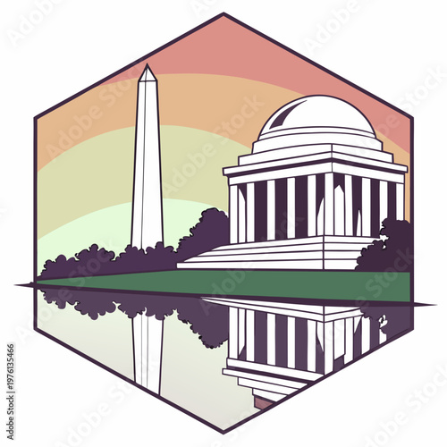 Washington dc landmarks in hexagon frame, vector art of jefferson memorial and washington monument with colorful sky.