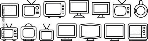 Television and Monitor Icon Set with Retro TV and Modern Screen Devices in Outline Style for Media Entertainment UI Interface Design