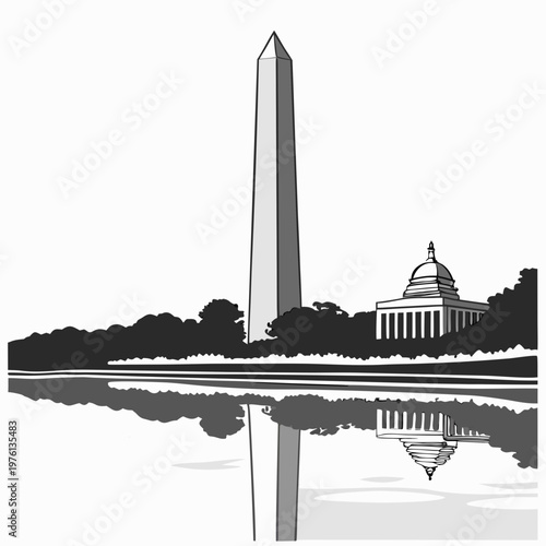 Washington dc skyline with monuments, vector illustration of cityscape with washington monument and capitol building reflecting on water.