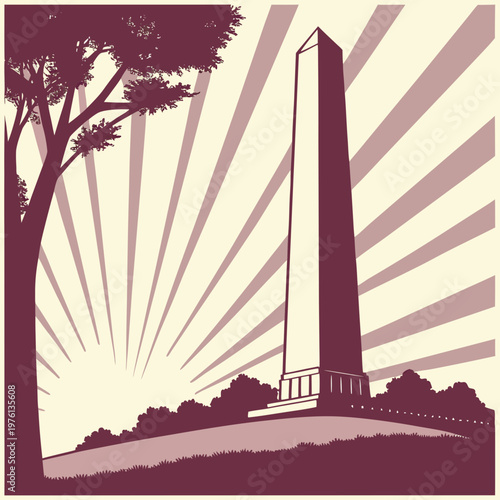 Tall obelisk on grassy hill with tree silhouette, sun rays background, purple and cream colors.