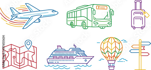 Travel and Transportation Line Icon Set Featuring Airplane Bus Cruise Ship Map Location Hot Air Balloon Suitcase and Direction Sign for Tourism Design Projects
