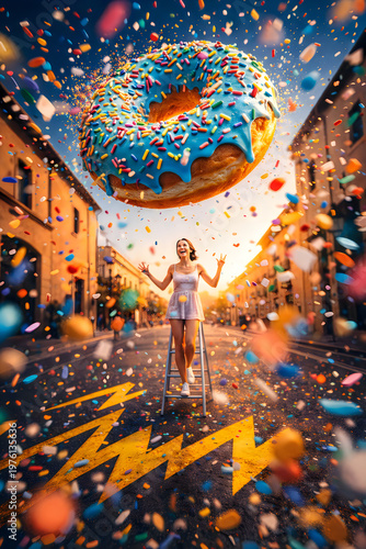 A joyful woman in a white dress stands under a giant colorful donut in a vibrant street scene with confetti and sprinkles