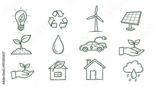 Sustainable World Icons: A collection of meticulously crafted line art icons that encapsulate the essence of sustainability. These icons are the visual symbols of environment awareness.