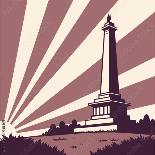 Washington monument vector illustration in flat art style with sunburst background, iconic memorial representing american history and freedom.