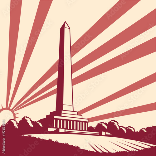 Classic obelisk monument at park with trees under dramatic pink sunburst background vintage geometric architecture landscape vector graphic poster.