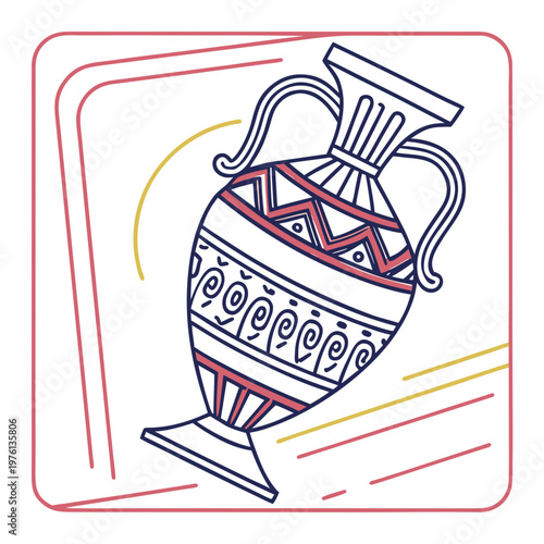 Classic greek amphora vector outline illustration with decorative patterns and red frame representing ancient art and culture exhibit.