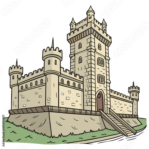 Majestic medieval castle, large stone fortress with towers and gate, historical architecture illustration for fantasy stories, games, and epic adventures.