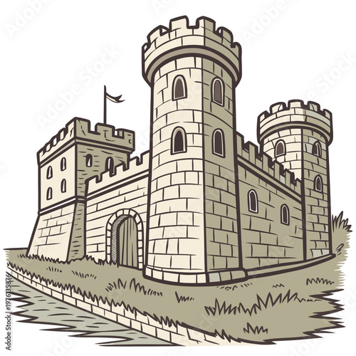 Grand medieval castle with multiple towers and walls, fortified stone structure with gate, historical building illustration for fantasy games and stories.