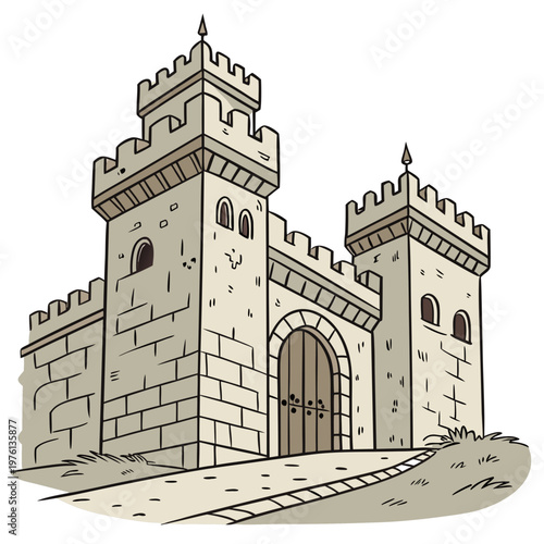 Medieval castle illustration with gateway, isolated on white background, ancient fortress drawing, old architecture design element for history books.