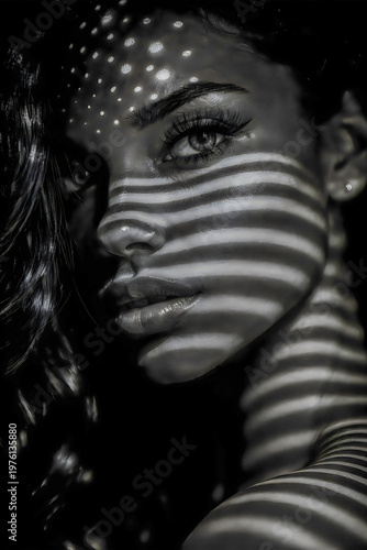 A woman with artistic face paint and makeup looks directly at the camera.