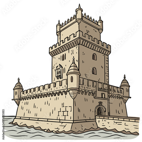 Belem tower vector illustration, portuguese historical landmark drawing, medieval fortress architecture, ancient castle design element for travel guides.