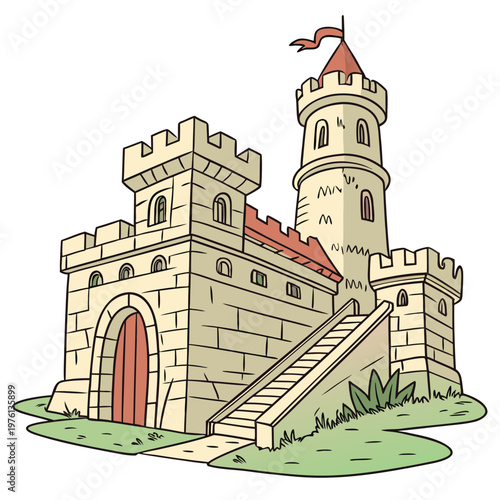 Cartoon medieval castle with towers and ramparts, stone fortress with gate and stairs, historical architecture illustration for fantasy stories and games.