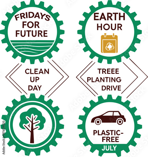 Environmental Activism Badge Set with Fridays for Future Earth Hour Tree Planting Drive and Plastic Free July Designs