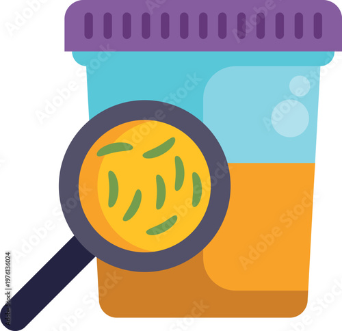 Urine sample with bacteria shown through a magnifying glass, indicating a diagnostic lab test