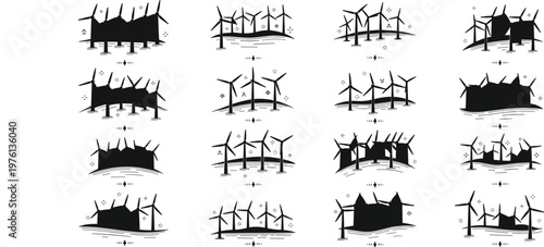 Wind farm silhouette collection with multiple turbine layouts and landscapes, renewable energy scenes in black vector illustration set