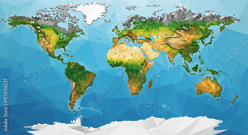 Low poly world map illustration with green and brown landmasses on blue ocean background