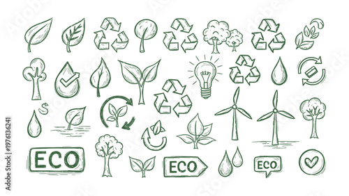 Eco Icons: Hand-drawn icons illustrating ecological concepts like recycling, renewable energy, and nature, a visual ode to environmental consciousness.
