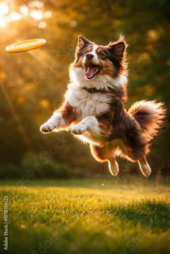 A happy dog jumping in the air to catch a frisbee in a sunny park