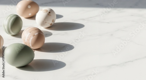 Minimal pastel Easter eggs on marble surface in soft tones, elegant spring still life