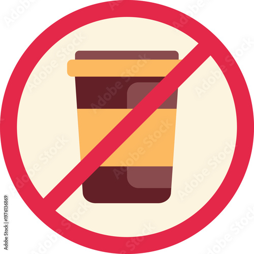 Disposable coffee cup shown inside a red forbidden circle, indicating no drinks allowed