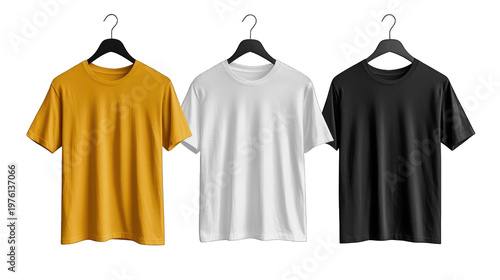 Three t-shirts on hangers against a black background on transparent background