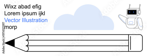 Digital design, education, creativity, technology, artificial intelligence, art tools. A robot character, pencil graphic cloud and text. Education and creativity concept