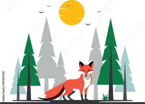Flat design illustration of red fox in minimal forest landscape