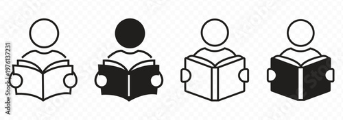 Black and white reading icon set featuring people reading books, open textbooks, library symbols, and educational literature for school, university, literacy, and academic study designs.