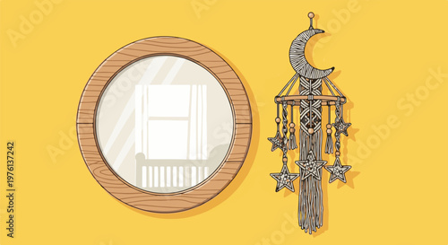 Round wooden mirror and a celestial macrame hanging against a yellow background