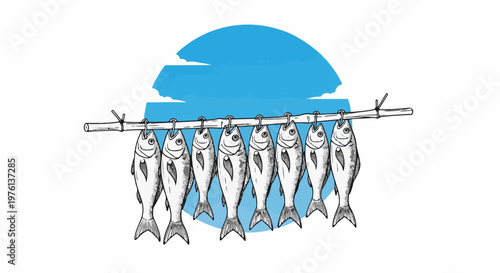 Row of fresh fish hung to dry on a bamboo pole under the sun