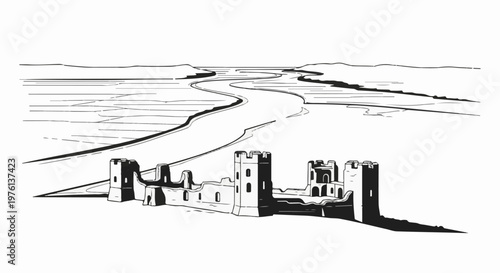 Ruined medieval castle by winding river under a vast horizon