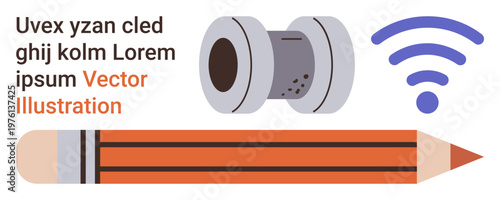 Education, communication, creativity, networking, technology, digital tools. Pencil, spool and wireless signal against a white background. Education and communication are highlighted