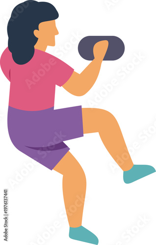 Woman enjoying rock climbing workout, training strength and balance on an artificial wall