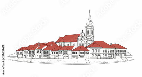 Red-roofed buildings and a white church with a steeple line a curved waterfront