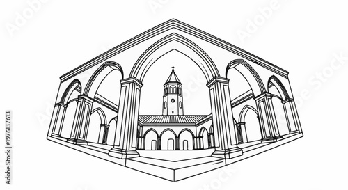 Perspective drawing of a building with a tower, arches, and colonnades