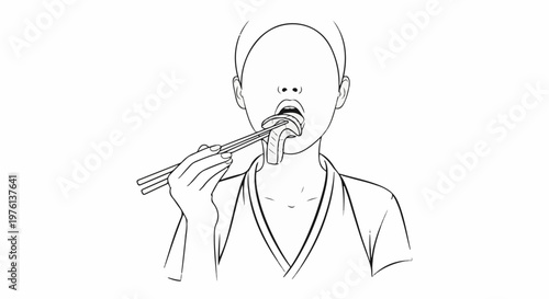 Person's mouth and hands holding chopsticks eating a slice of food