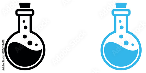 Two minimalist lab flasks, one with dark liquid and one with bright blue solution, ideal for scientific, educational, or medical marketing materials and presentations.