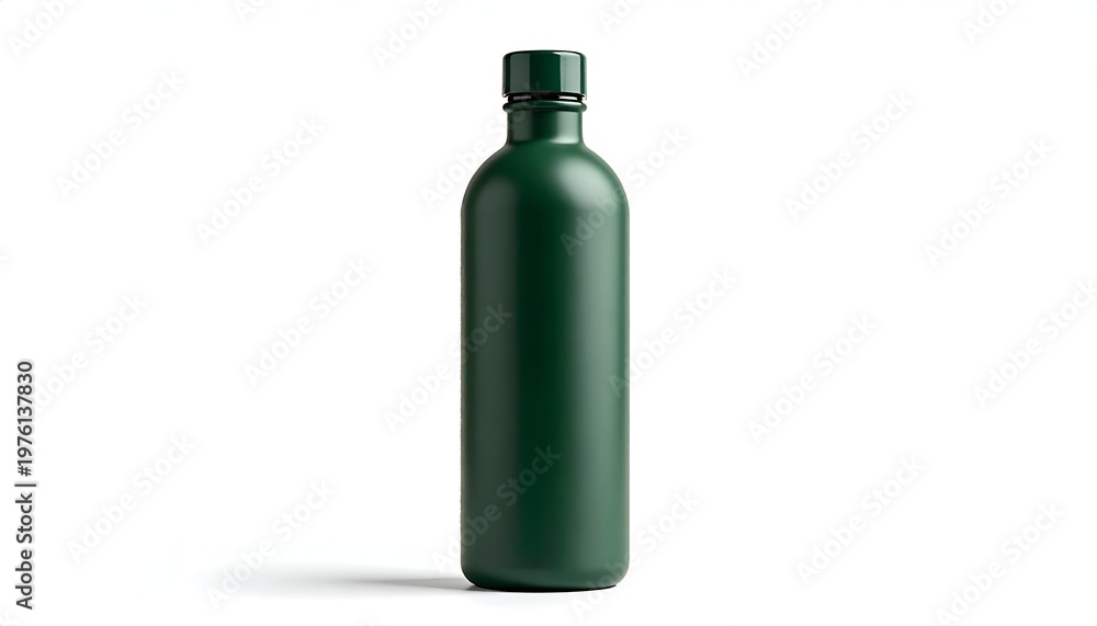 Obraz premium A sleek, tall, matte-green bottle with a matching cap stands upright against a pristine white backdrop, casting a subtle shadow. The design is simple, elegant and minimalist