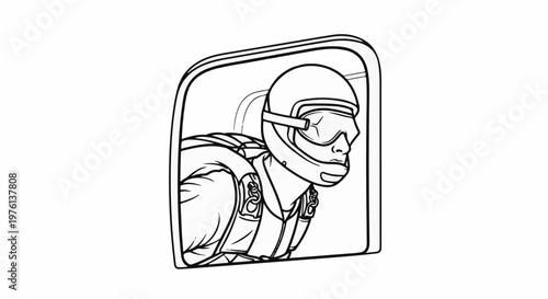 Person in protective gear leans out of an opening, prepared for descent