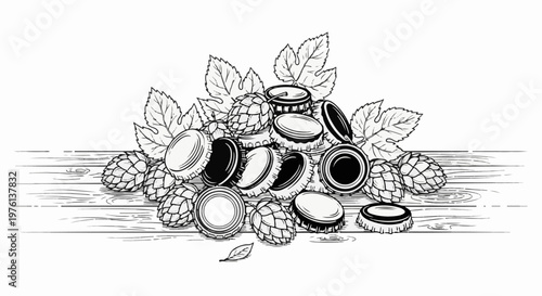 Pile of bottle caps and hops on a wooden surface (1)