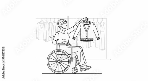 Person in wheelchair selecting a cardigan from a clothing rack